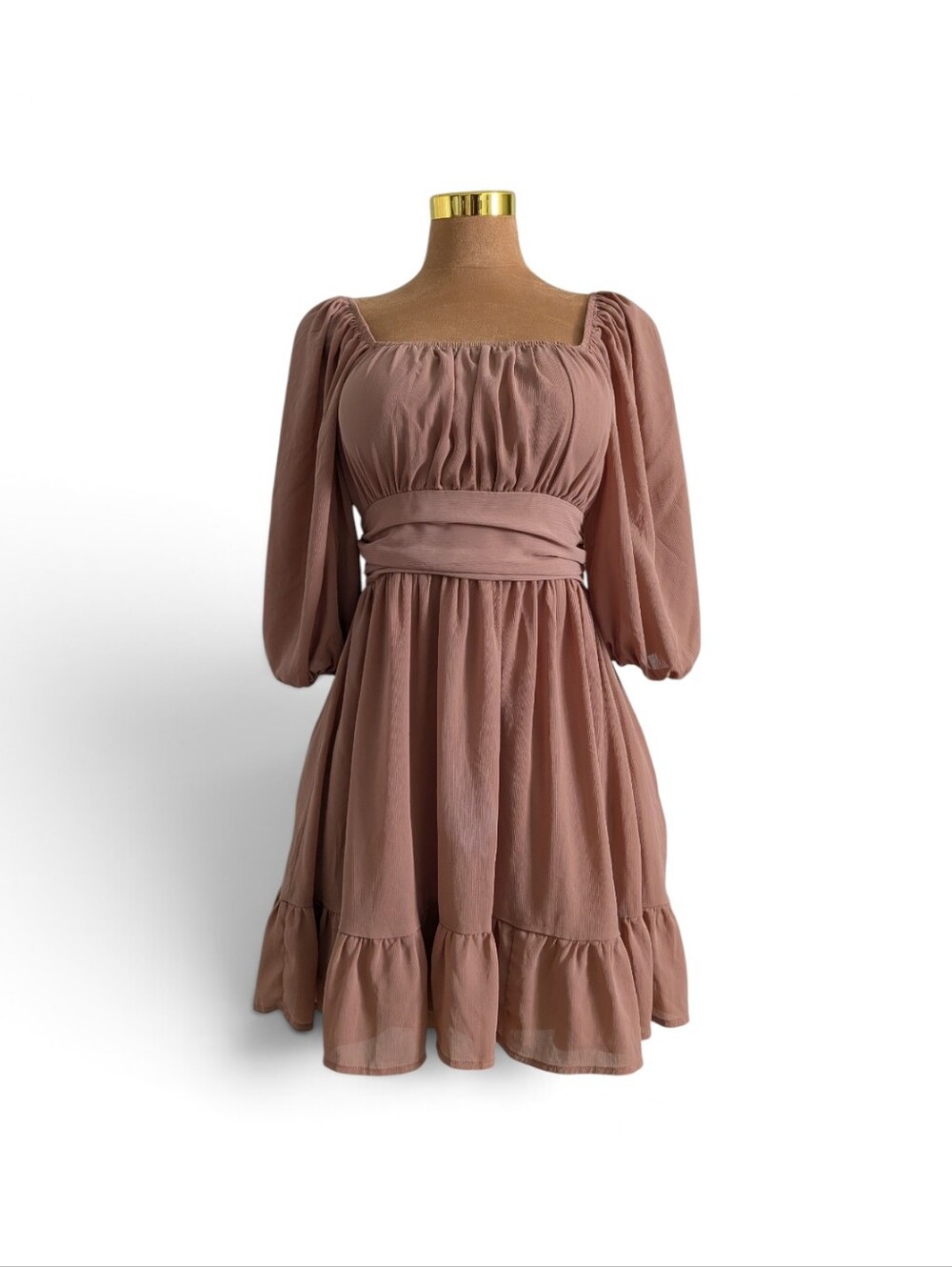 Brown Bow Back Half-Sleeve Ruffle Dress